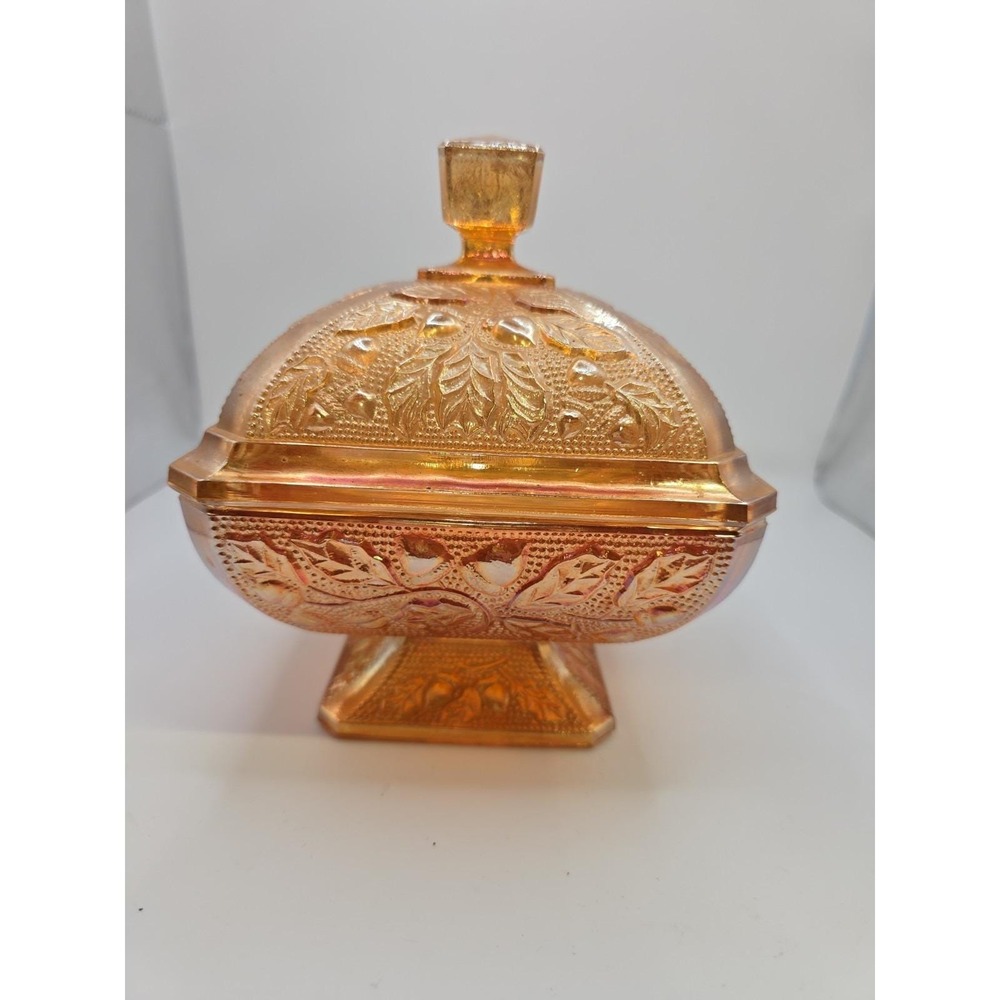 VTG Jeanette Marigold Carnival Glass Candy Square Pedestal Dish with Lid 1960s